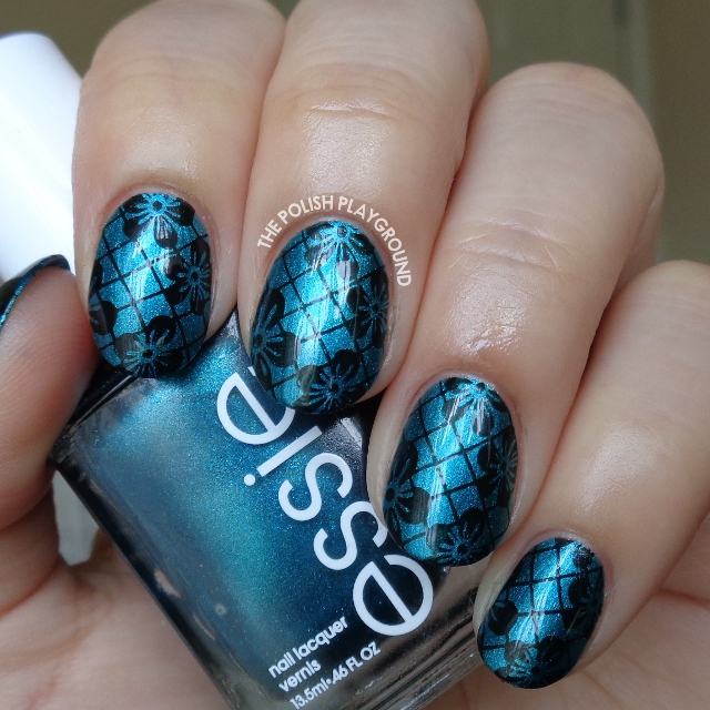 Dark Teal Pearl with Black Floral Lace Stamping Nail Art