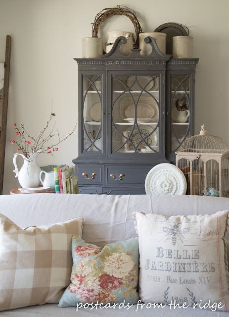 Painted China Cabinet. - love! Lots of great decorating ideas here. Postcards from the Ridge