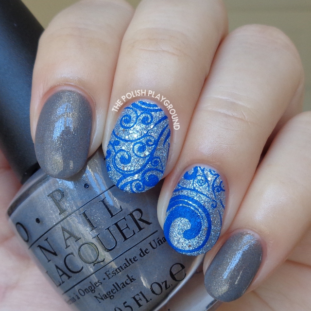 Grey with Blue Texture and Dark Blue Swirls Stamping Nail Art