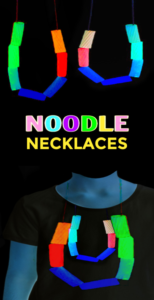 Make noodle necklaces that glow-in-the-dark using this easy neon pasta recipe for kids.  These rainbow dyed noodles can be used in all sorts of other kids activities, too! #glowingrainbownoodles #noodlenecklacesforkids #glowinthedarknoodlenecklace #pastanecklacecraftkids #rainbowdyednoodles #glowingpastanecklace #rainbownoodles #sensoryactivities #sensorybins #growingajeweledrose
