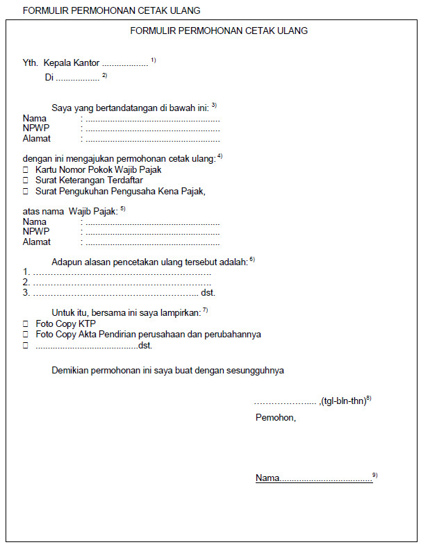 Formulir Permohonan Cetak Ulang Kartu Npwp Dan Petunjuk Pengisiannya