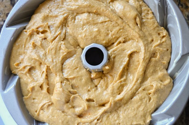 Fill Bundt pan with pumpkin spice cake batter from Serena Bakes Simply From Scratch.