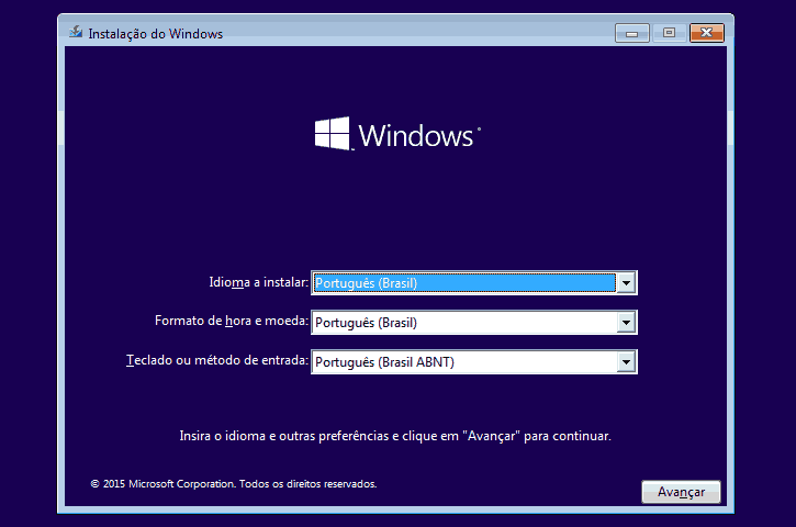 Janela de instalação do Windows 10