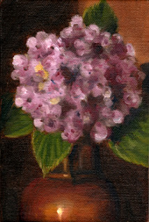 Oil painting of a pink hydrangea flower and part of an Art Deco-style copper vase.