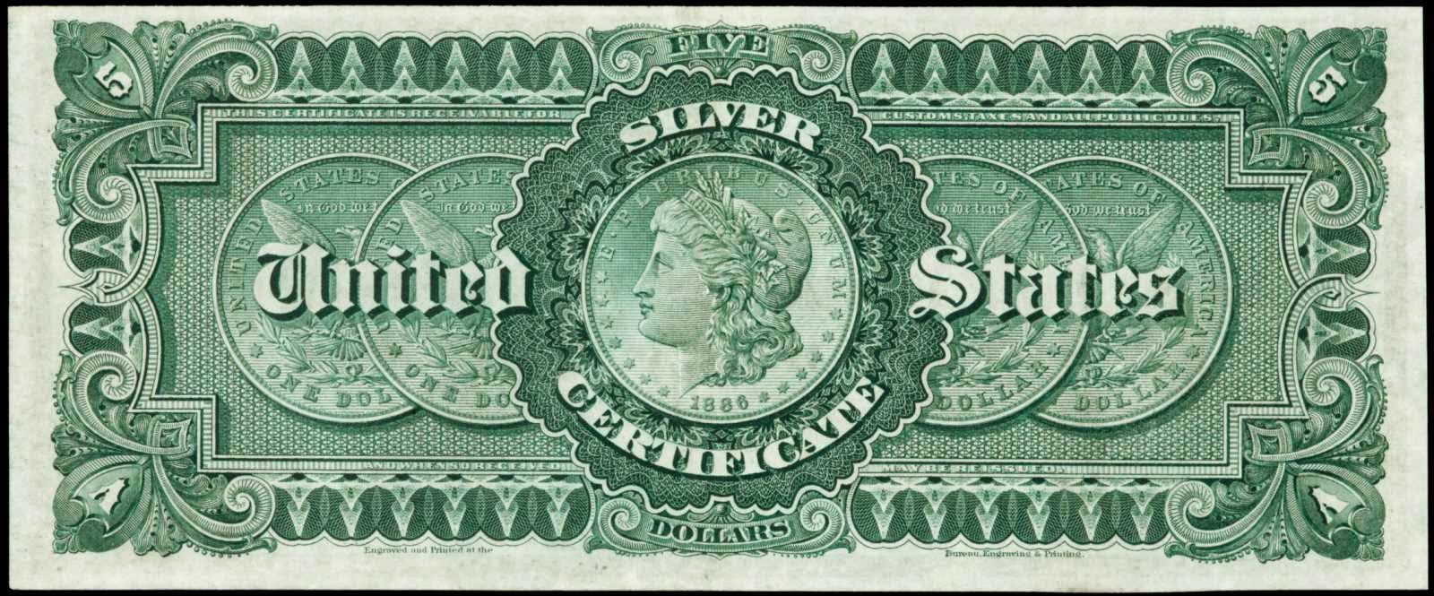 US currency 1886 5 Dollar Silver Certificate Morgan Silver Dollar Back Note