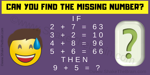 IF  2 + 7 = 63  3 + 2 = 10  4 + 8 = 96  5 + 6 = 66  THEN   9 + 5 = ? Can you solve this Maths Logical Brain Teaser?