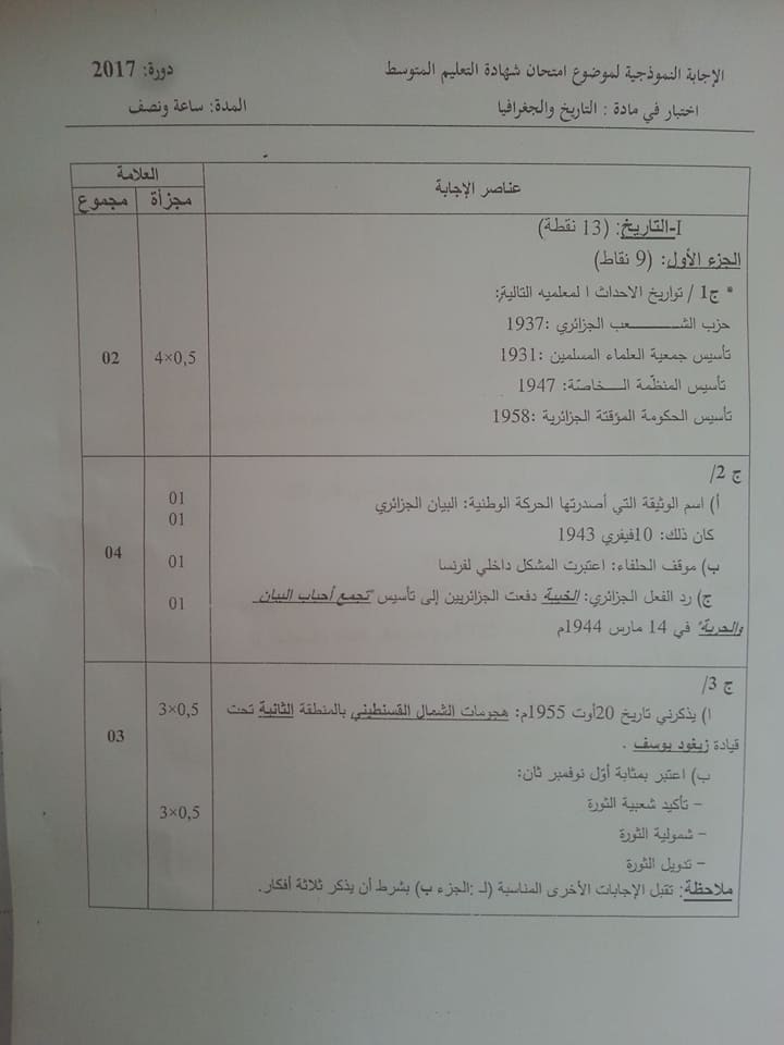 التتصحيح النموذجي الوزاري لموضوع التاريخ والجغرافيا لشهادة التعليم المتوسط 2017 bem 1 التتصحيح النموذجي الوزاري لموضوع التاريخ والجغرافيا لشهادة التعليم المتوسط 2017 bem 1
