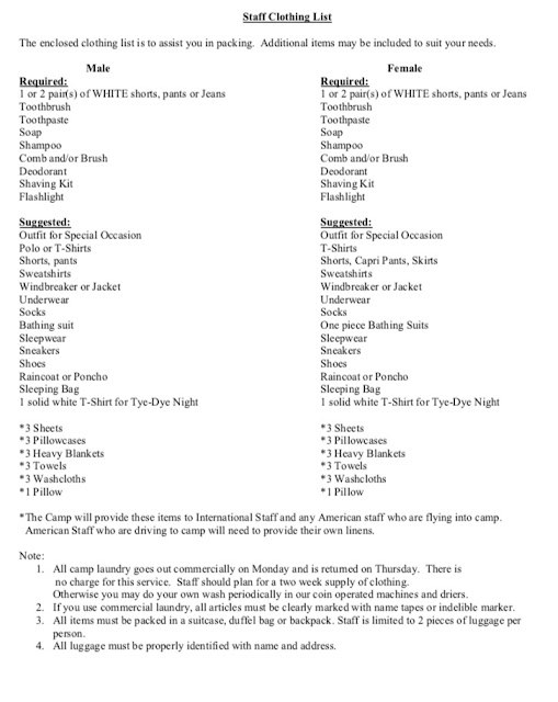 Camp Counsellor Packing List