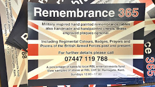 Flyers is shown with a British flag behind the text. Remembrance 365 is written along the top with paragraphs of information underneath; Military inspired hand painted remembrance tables also handmade and handpainted chests. Brass engraved plaques optional.Including Regimental Colours, Badges, Prayers and Poems of the British Armed Forces past and present.For further details please call 07447 119 788 A percentage of sales to local RBL entertainments fund. View samples of above at RBL Cliff St. Ramsgate, Kent. Sundays 12.00 - 17.00