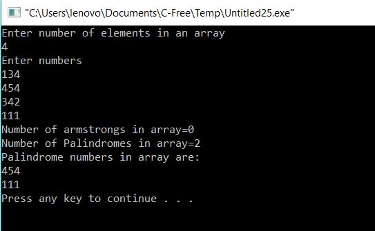 Program to print count of Armstrong and Palindromes in an Array output