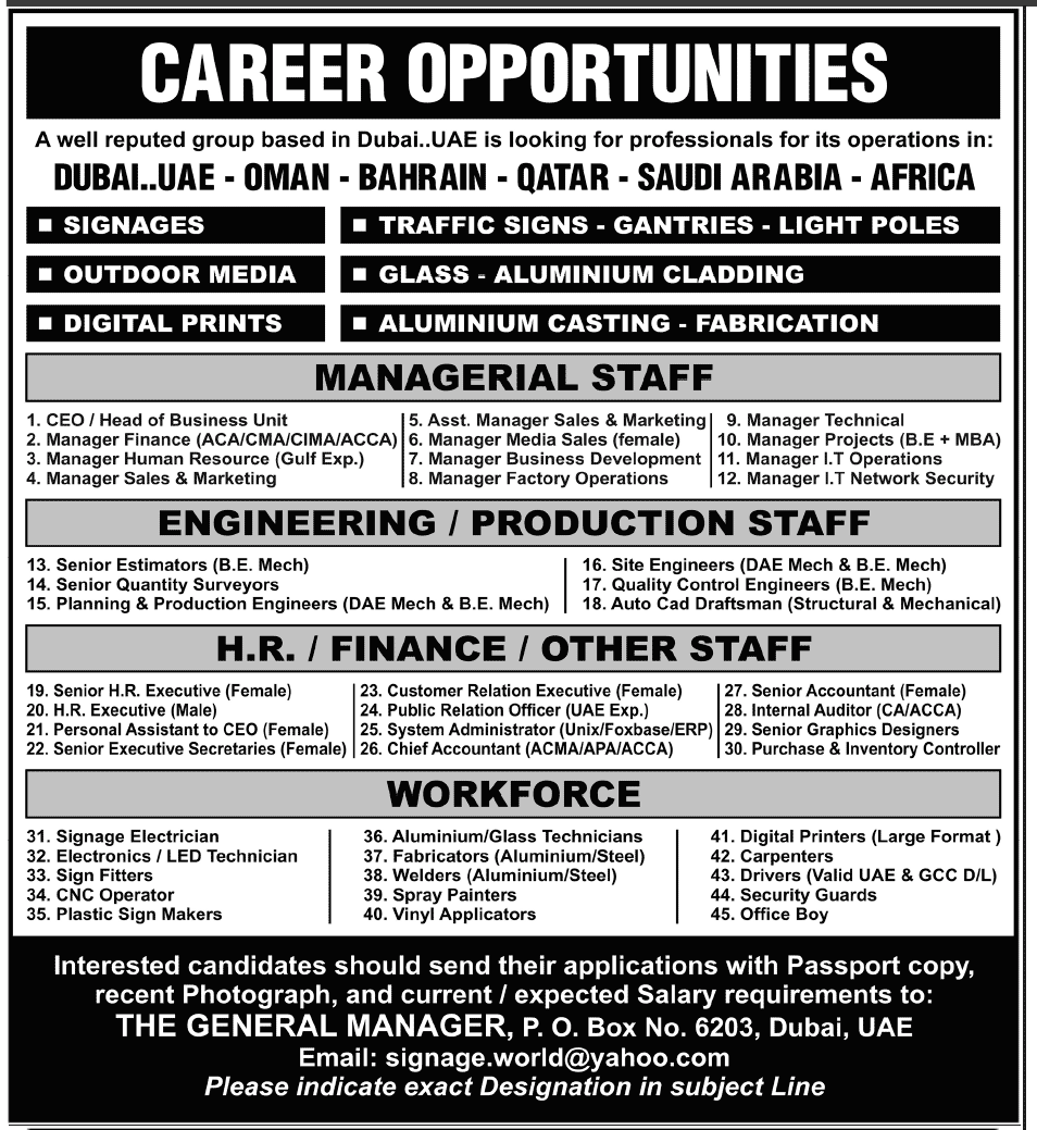 Engineering, Finance, HR & Technical Jobs in Dubai (UAE),OMAN,Bahrain