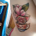 Tea cup and green leave tattoo on side body