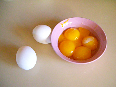 2) Separate yolk from whites of 3 or 4 eggs  - store whites in refrigerator for a different dish.