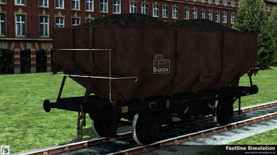 Fastline Simulation: This weathered rebodied dia 1/146 unfitted 21T coal hopper also wears freight brown livery but has the HTO TOPS code outside of a small boxed data panel.