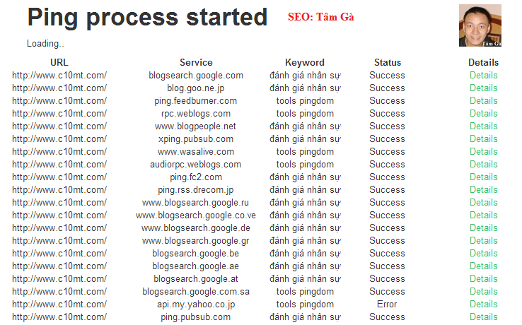 ping process started demo google ping