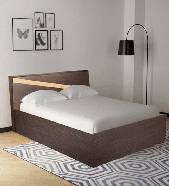 Hitomu Queen Size Bed with Headboard Storage in Walnut Finish by Mintwud