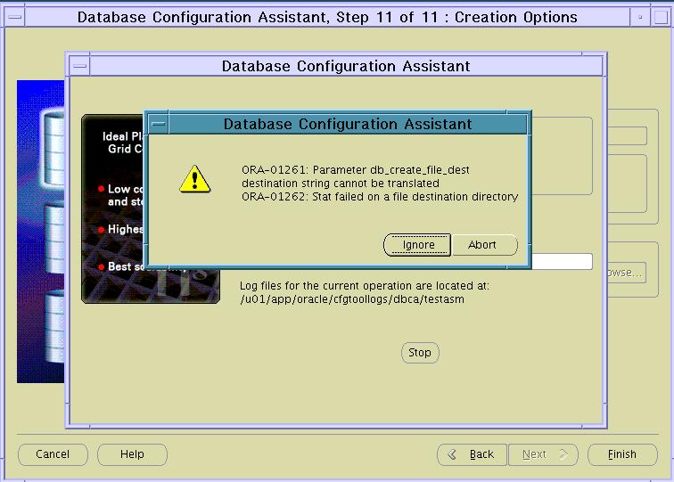 MySandbox ORA01261 and ORA01262 while using dbca to create a database