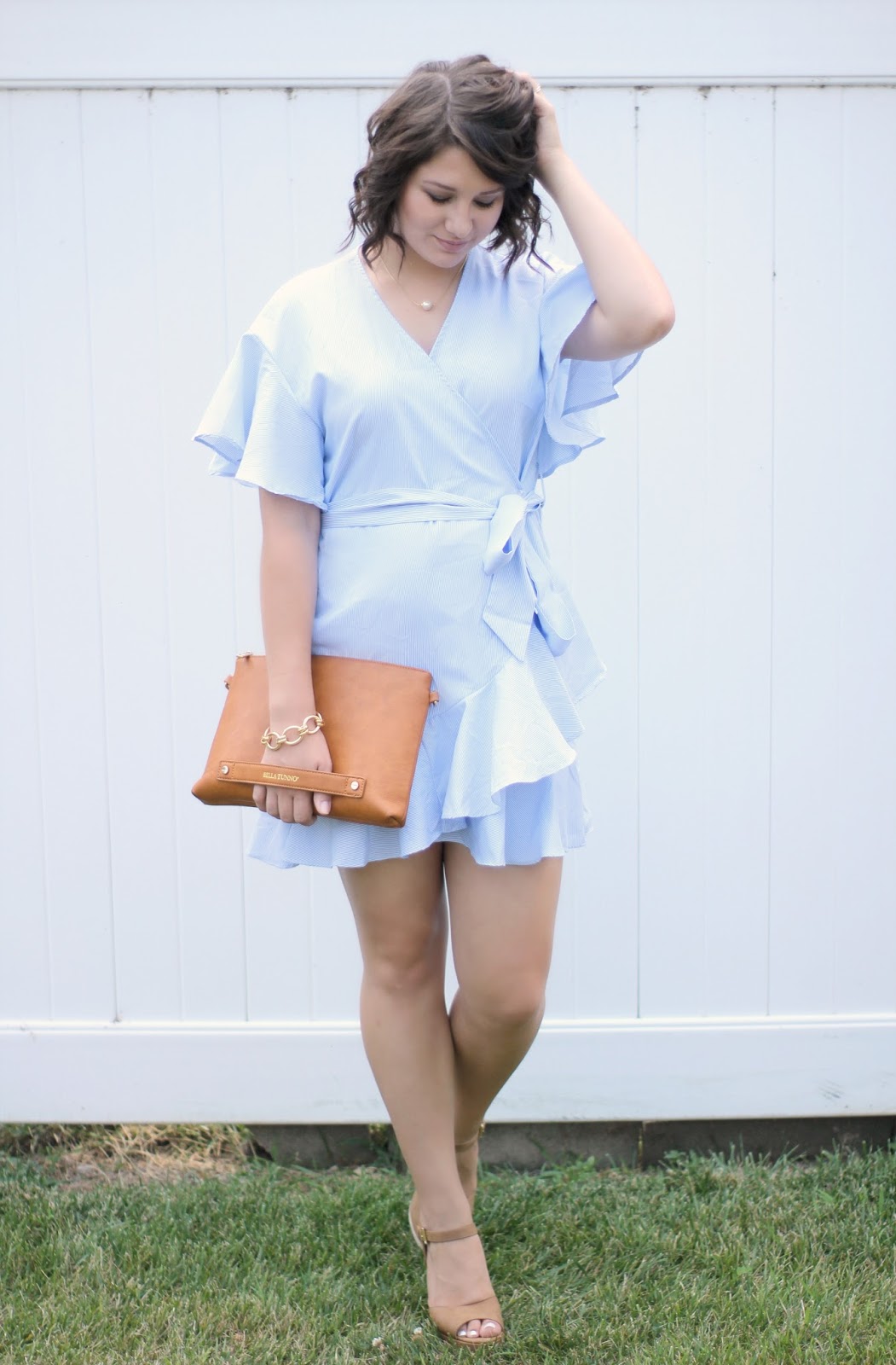 light blue ruffle wrap dress