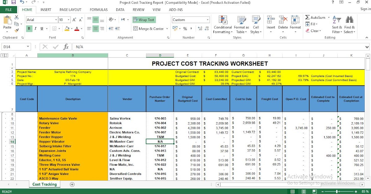 Project Cost Tracking Excel Template ENGINEERING MANAGEMENT
