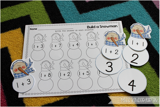 Miss Kindergarten {building a snowman- plus one addition problems}