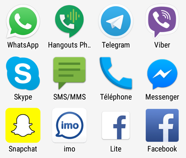 whatsapp hangout telegram viber skype sms mms téléphone messenger snapchat imo lite facebook
