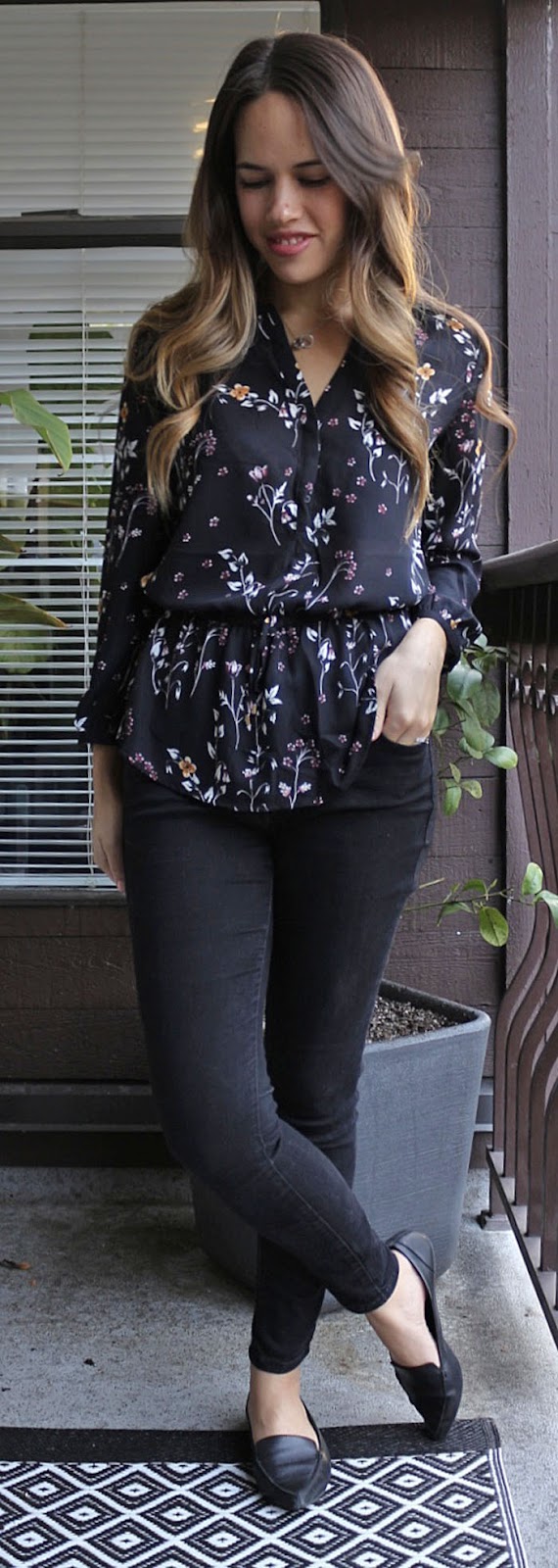 Jules in Flats - Dynamite Floral Peplum Blouse, Old Navy Rockstar Jeans