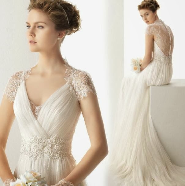 A Line Vintage Cap Sleeve Lace Bridal Wedding Gown :: My Gown Dress