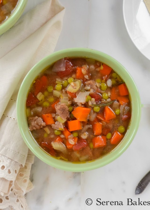 Crockpot Beef Barley Soup is a easy to make recipe loaded with tender beef, lots of veggies, and barley from Serena Bakes Simply From Scratch.