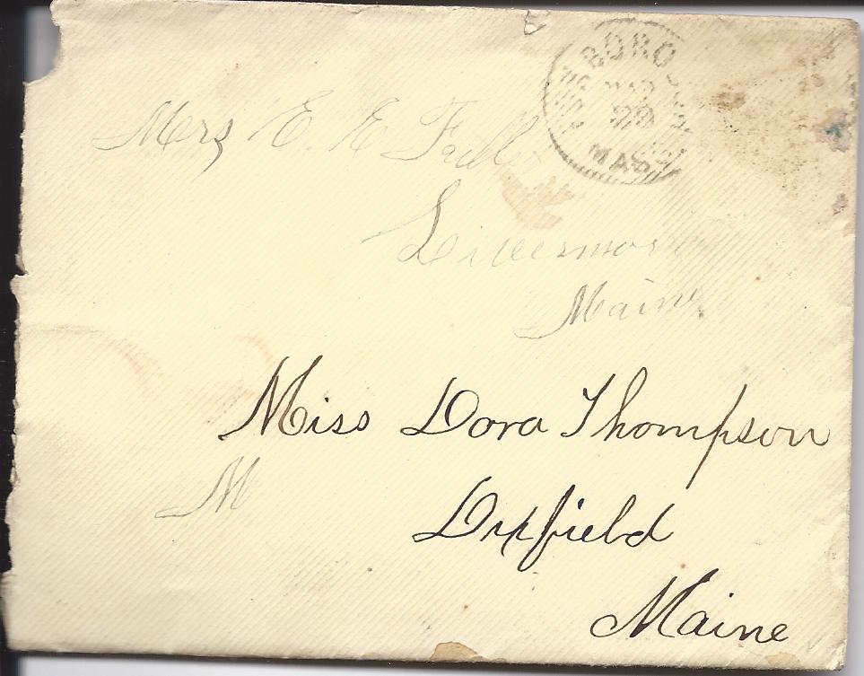 Heirlooms Reunited 1875 letter to Miss Dora Thompson at Dixfield, Maine