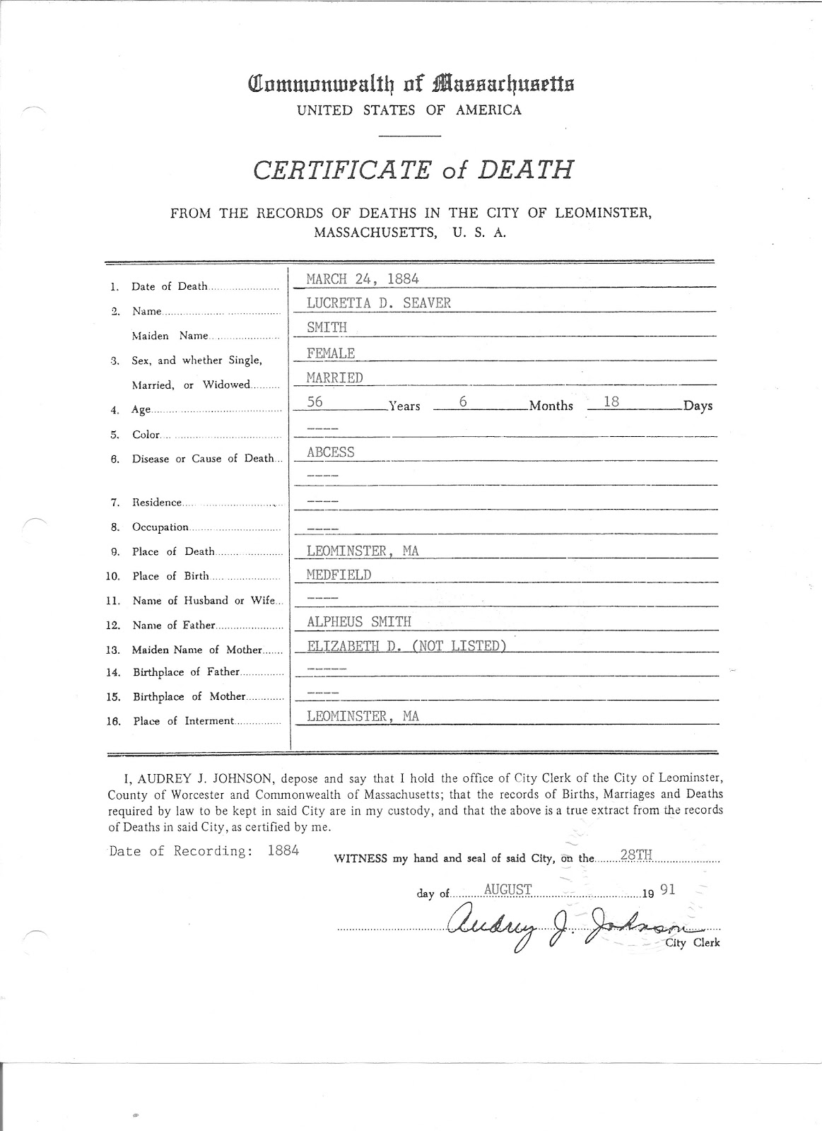 GeneaMusings Treasure Chest Thursday Lucretia (Smith) Seaver's