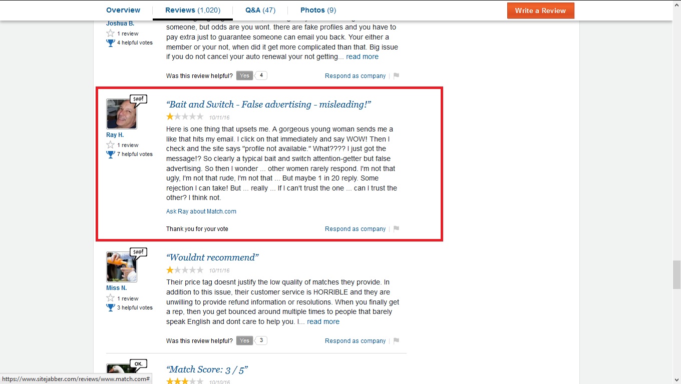 "Breaking the online dating sound barrier" More complaints about Match