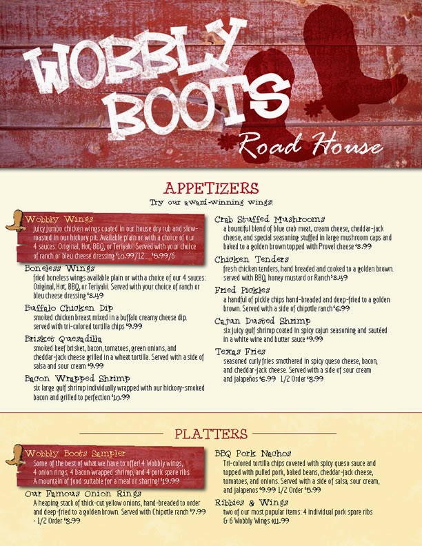 Wobbly Boots Roadhouse NEW MENU at Wobbly Boots!