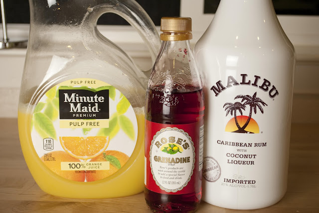 malibu sunrise, cocktail, malibu rum, coconut rum, orange juice, greneadine