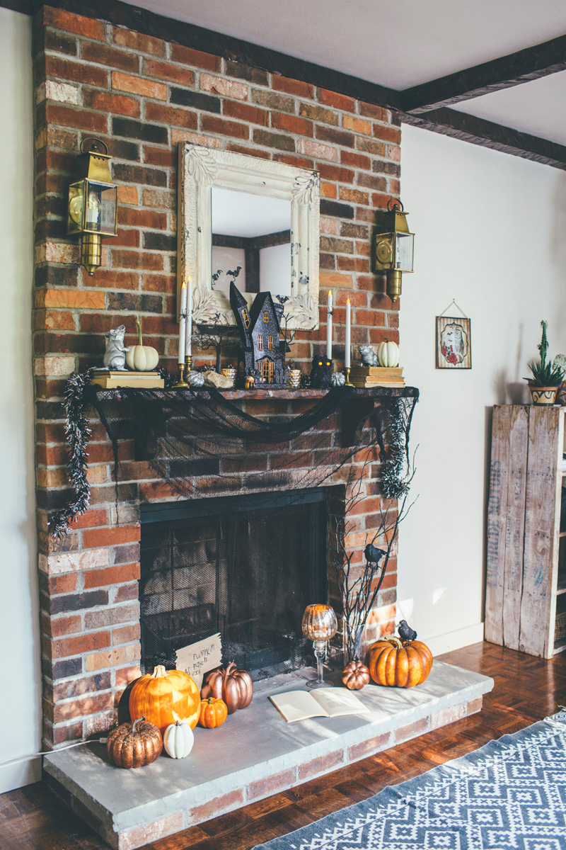 Whimsical Halloween Vintage Brick Fireplace retro fireplace decorated for Halloween