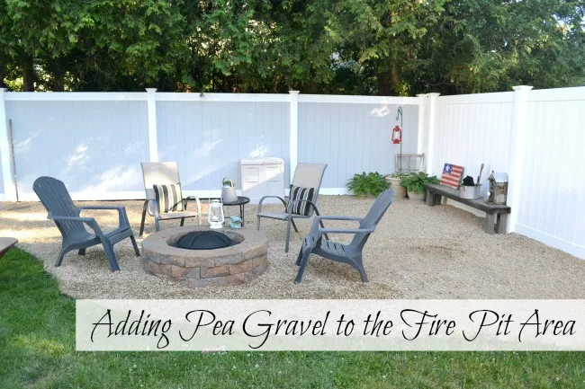 Vinyl fenced area with fire pit and plastic chairs