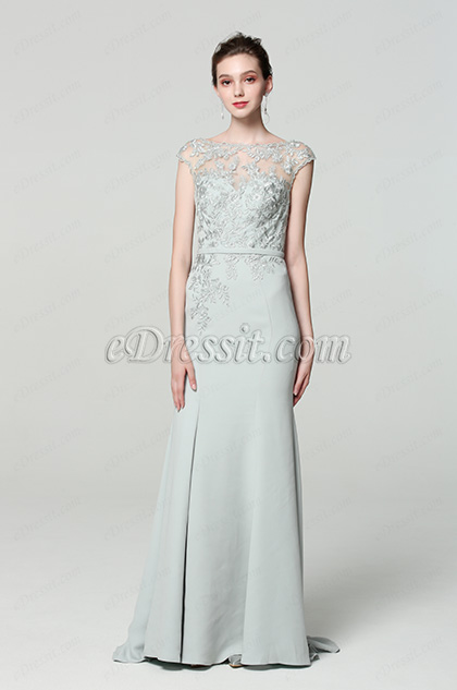 grey cap sleeves embroidery prom dress