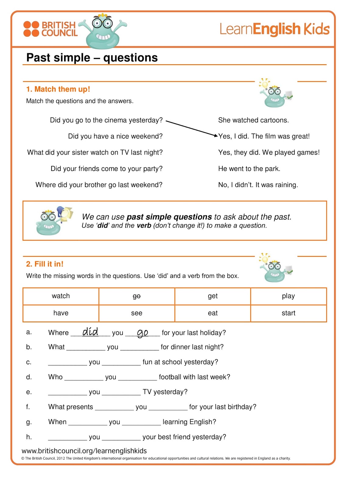 Questions test english. British Council for Kids past simple questions. Past simple вопросы Worksheets. Past simple английский Worksheets. Специальные вопросы в past simple Worksheets.