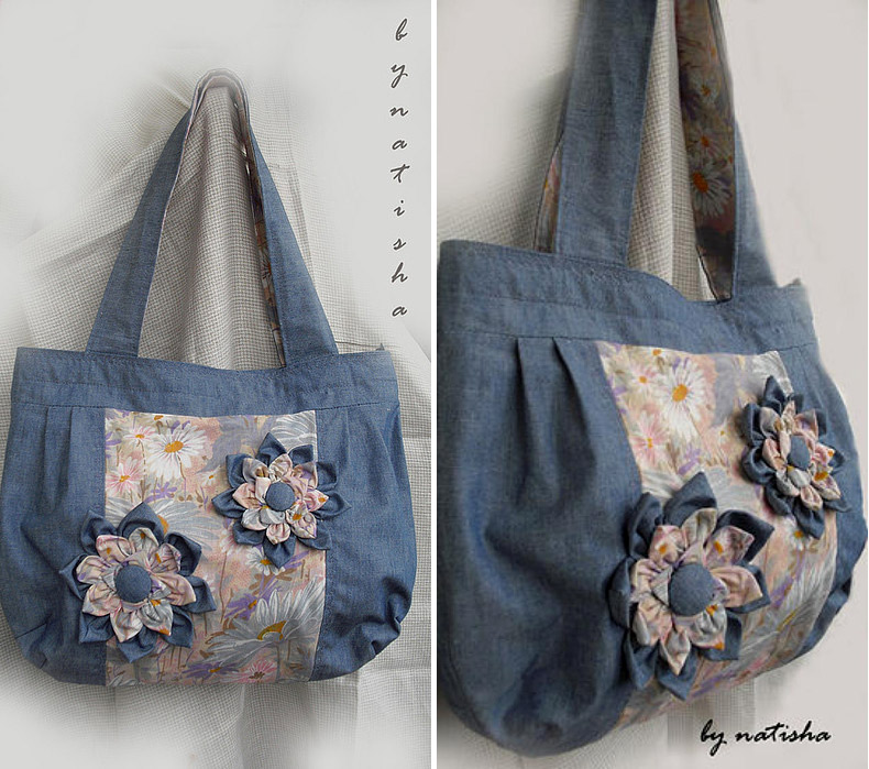 Flower on a bag of jeans and cotton. DIY Tutorial