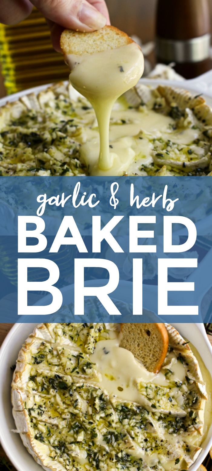 This Garlic and Herb Baked Brie topped with fresh herbs and loads of garlic is the ultimate appetizer for garlic lovers! It is elegant enough for holiday gatherings and easy enough for casual get-togethers. #brie #appetizerrecipes 