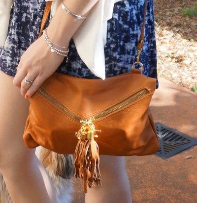 Avalina Leather Audrey clutch in cognac tassels