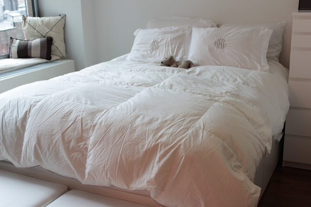 monogram bedding, monogram sheets, preppy bedroom, all white bedroom
