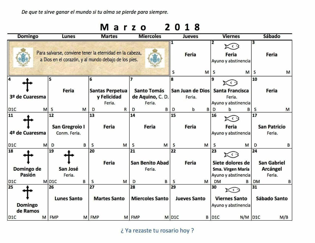 Descarga gratis calendario religioso 2018 para imprimir
