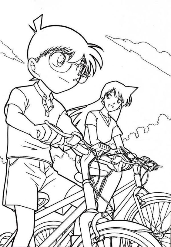 Tranh tô màu thám tử Conan đạp xe với Ran