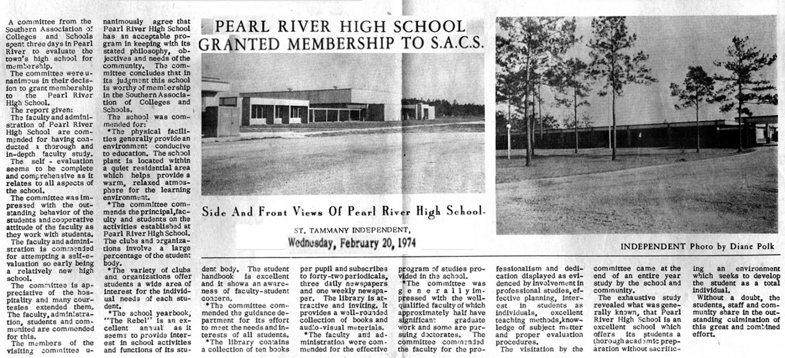 Tammany Family Pearl River High Accredited In 1974
