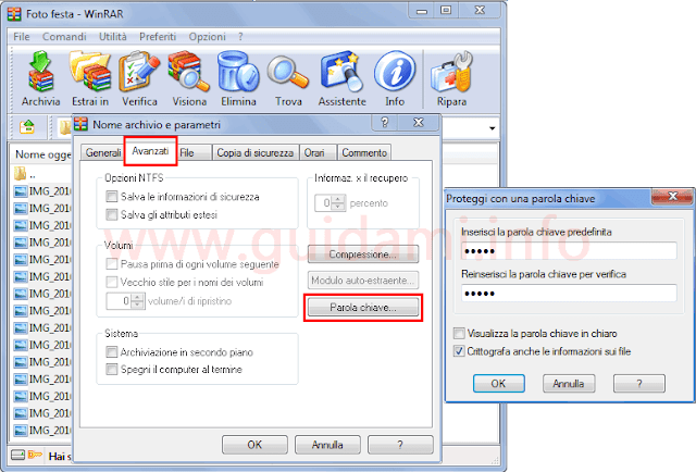 WinRAR opzioni per proteggere archivio con password