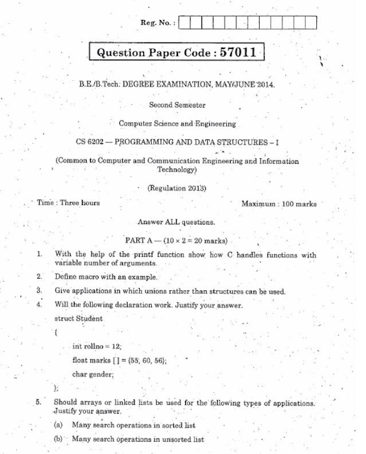 CS6202 Programming and Data Structures I 2014 Question Paper ...