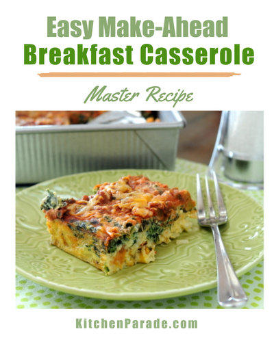 Easy Make-Ahead Breakfast Casserole, a master recipe ♥ KitchenParade.com. Start with eggs, frozen hash browns, salsa and cheese, then adapt as you like, incl on-the-go muffins and individual ramekins.