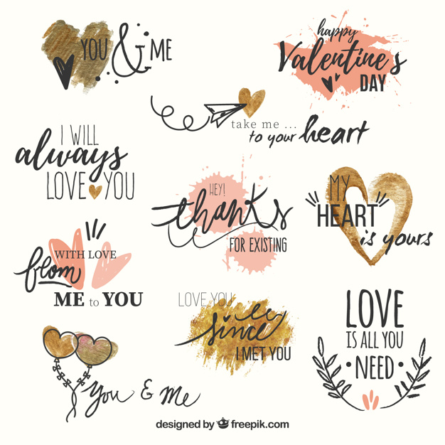Set of love phrases with watercolor hearts Free Vector