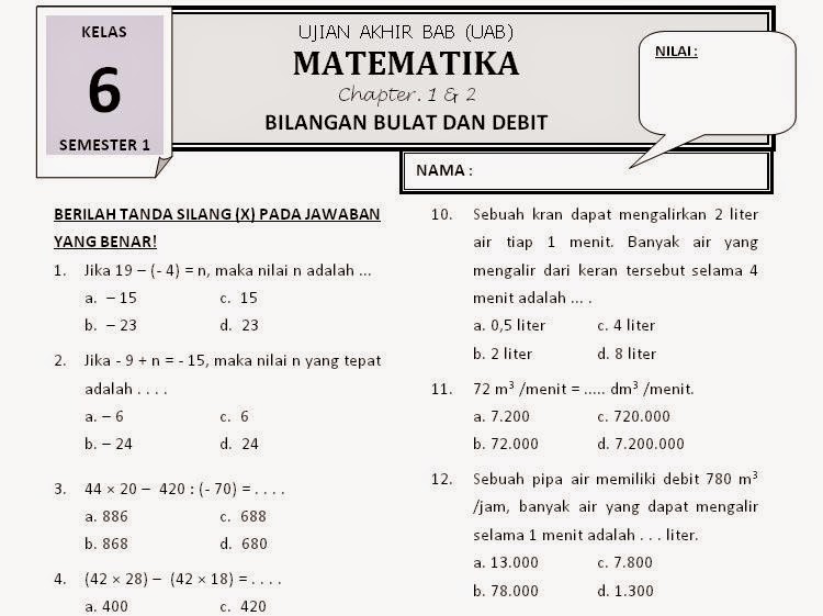 Kelas 6 : Soal Matematika Bab 1 dan 2 - Debit dan Bilangan Bulat - Rief
