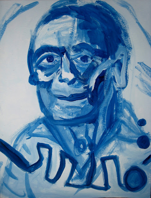 Retrato del pintor catalán Joan Miró, en azul y sobre papel, obra de Emebezeta